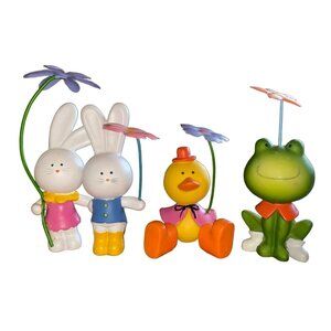 Set Of 4 Hand-Painted Animal Figurines With Flowers - Bunny Duck & Frog